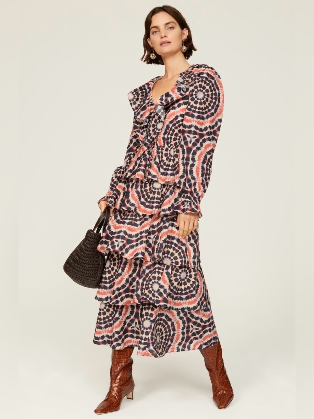 Marie Oliver~Coral and Navy Blythe Tiered Ruffle Maxi Dress~Size Small~$438~